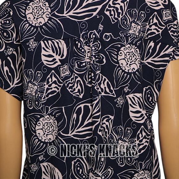 Melloday Navy Floral Leaf Print Jersey Split Neck Short Sleeve Blouse Size S - Picture 6 of 11
